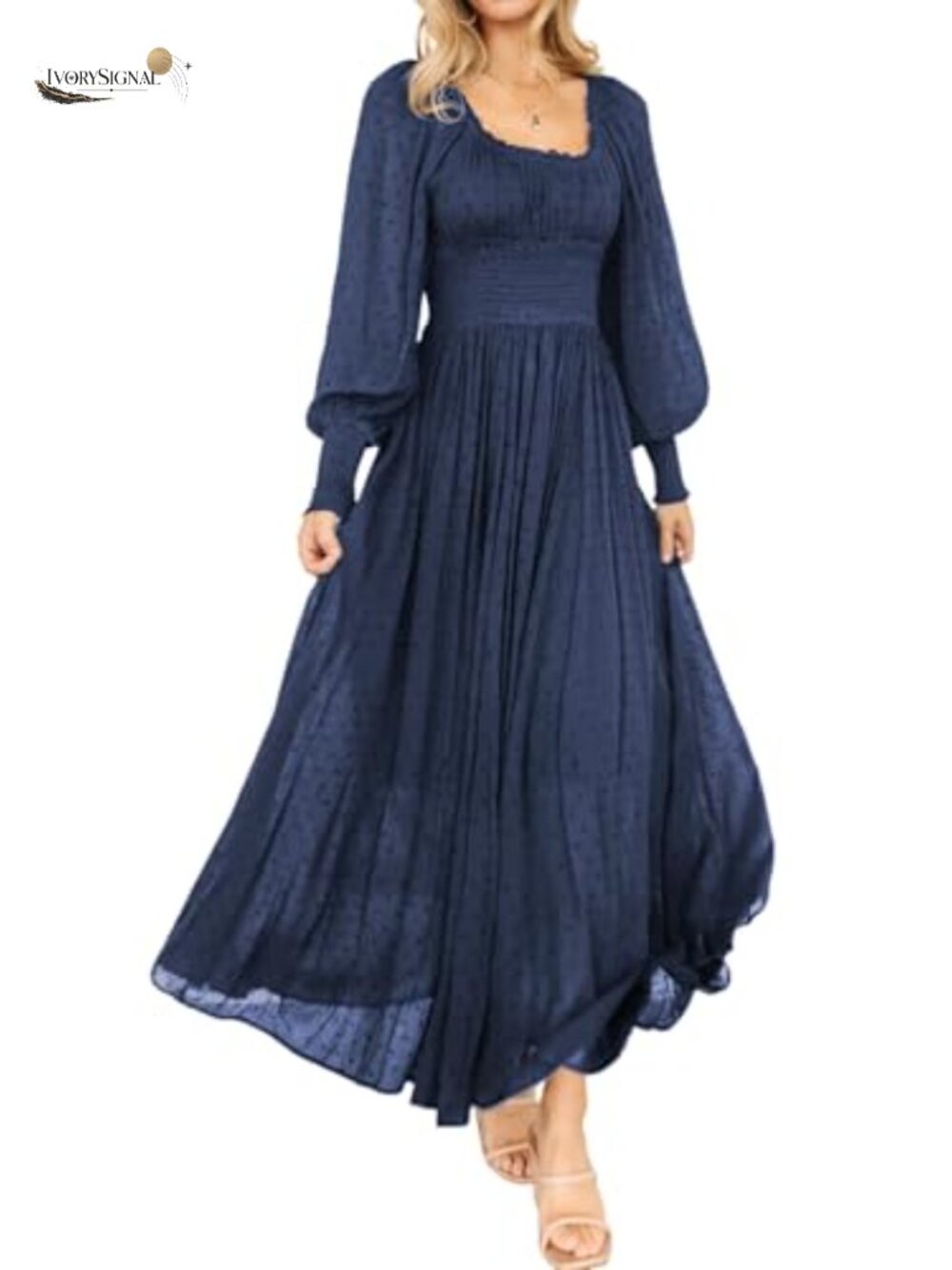 R.Vivimos Women's Elastic Empire Waist A-Line Maxi Dress Long Sleeve Square Neck